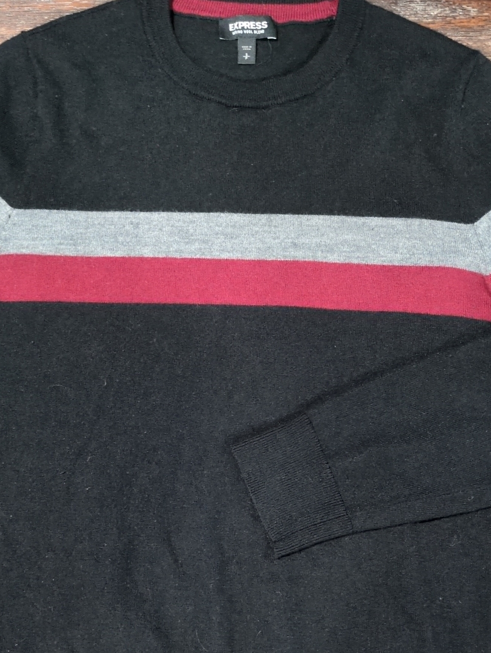 Express Black Crewneck Sweater with Gray and Wine Stripe Men's Small